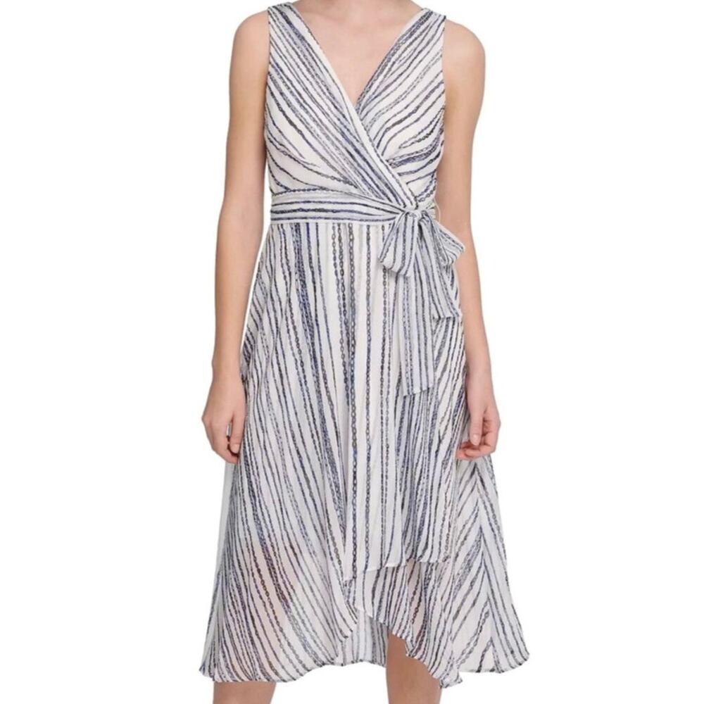DKNY Wrap Dress, Blue White Chain Stripe, Sleeveless, Belted Asymmetrical Hem